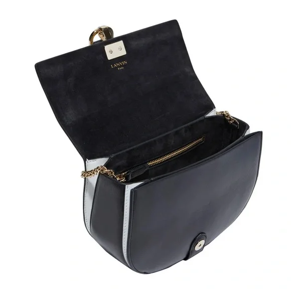 LANVIN Lamb Leather Crossbody Bag Logo Chain Trim & Strap Magnetic Flap - Picture 4 of 17